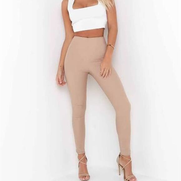 Tiger Mist Beige Cream Cant Keep Up Pants Matte High Rise Skinny Size Large - Picture 1 of 10